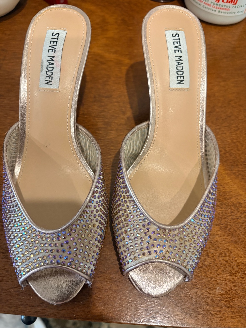 Steve Madden Rose Gold Crystal-Embellished Open-Toe Mules